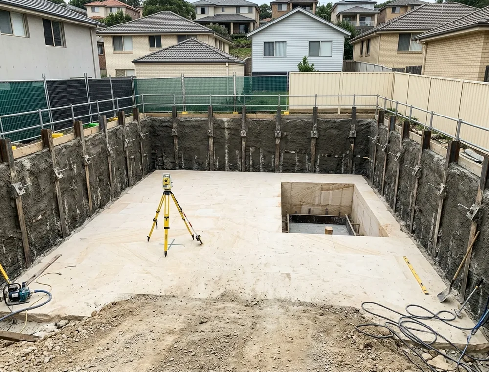 Finished basement floor trimmed level with a lift pit and shoring