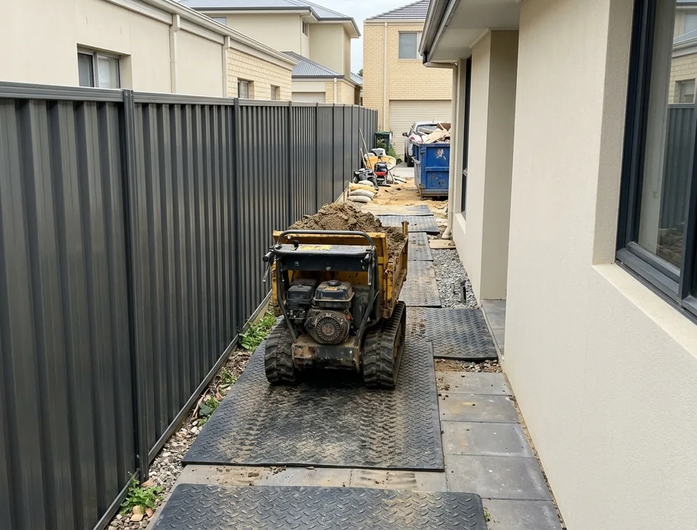 Tracked dumper carting spoil out along a narrow side passage