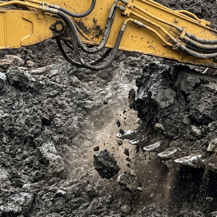 Excavator arm breaking rock on a Sydney site