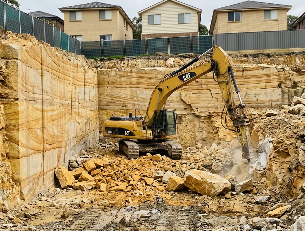 Standard excavator with a breaker working a deep sandstone rock cut