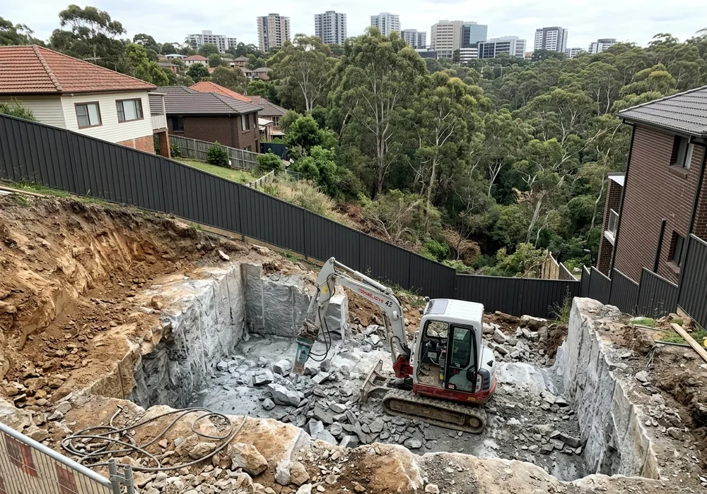 Rock and retaining on a Beecroft slope