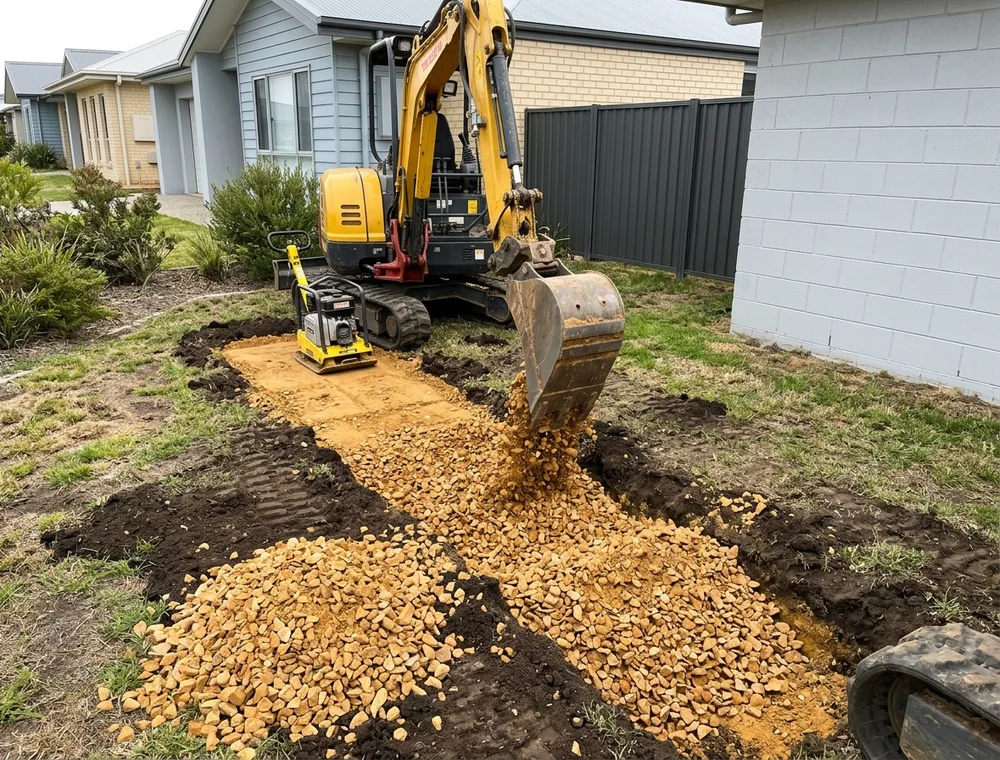 Mini excavator backfilling a trench in compacted layers